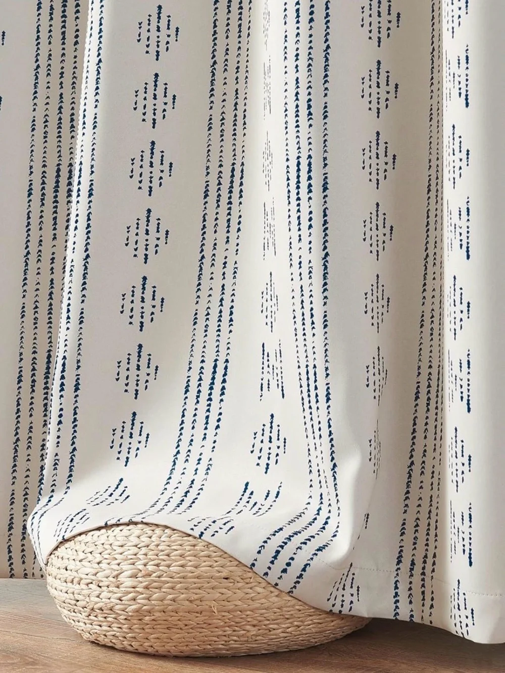 Blackout Boho Grommet Curtains in Blue & Beige with Geometric Print. 4 Panels.